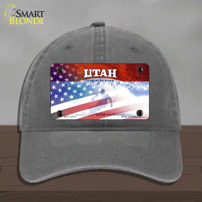 HAT08-MLP-12373 Utah with American Flag Novelty License Plate Hat, Unconstructed Cotton - Charcoal