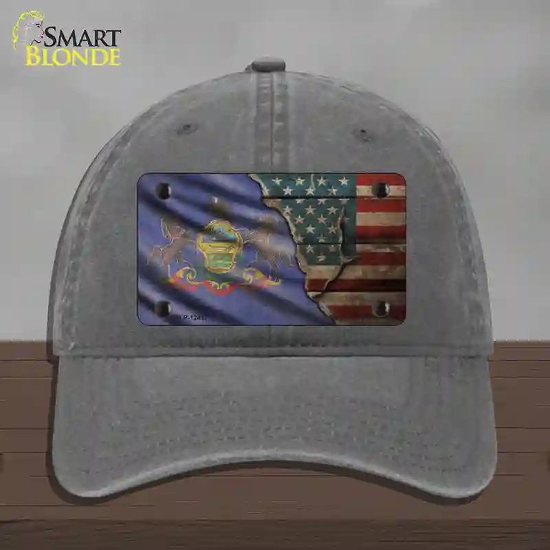 HAT08-MLP-12417 Pennsylvania & American Flag Novelty License Plate Hat, Unconstructed Cotton - Charcoal
