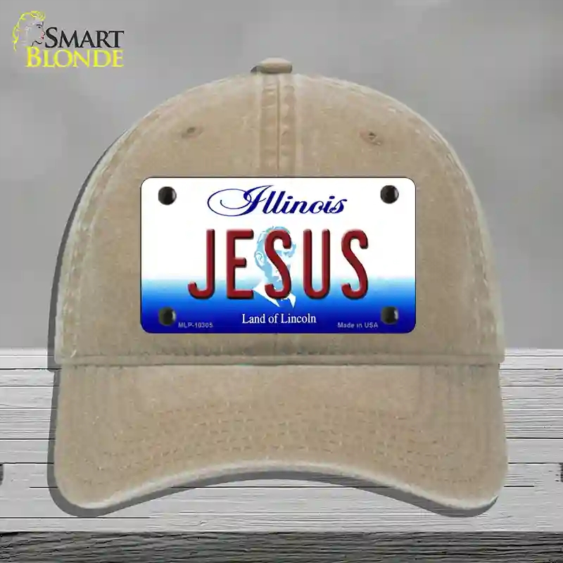 HAT09-MLP-10305 Jesus Illinois Novelty License Plate Hat, Unconstructed Cotton - Khaki