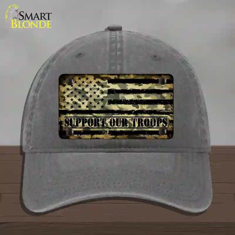 HAT08-MLP-10743 Camo American Flag Support Troops Novelty License Plate Hat, Unconstructed Cotton - Charcoal
