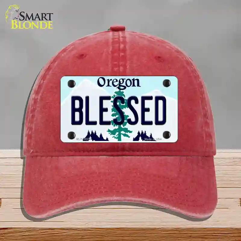 HAT13-MLP-10376 Blessed Oregon Novelty License Plate Hat, Unconstructed Cotton - Red