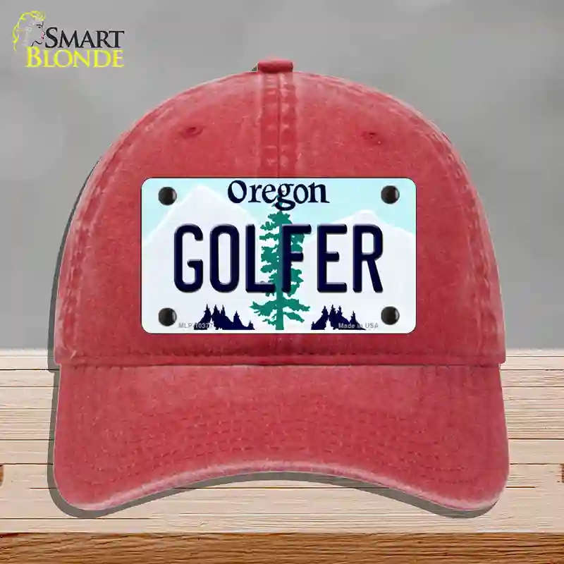 HAT13-MLP-10377 Golfer Oregon Novelty License Plate Hat, Unconstructed Cotton - Red