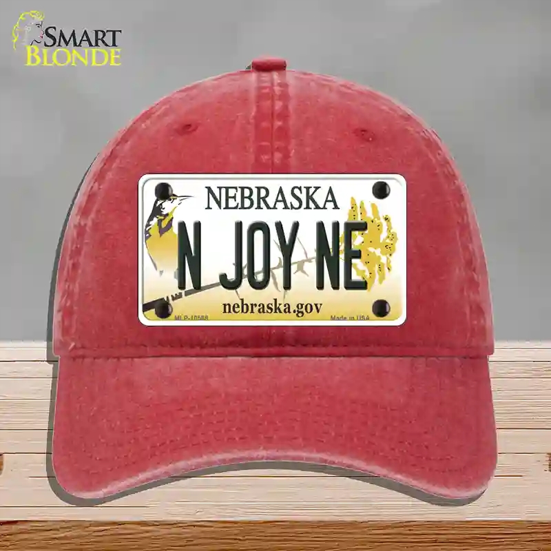 HAT13-MLP-10568 N Joy NE Nebraska Novelty License Plate Hat, Unconstructed Cotton - Red
