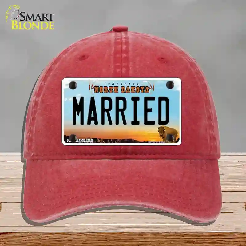 HAT13-MLP-10740 Married North Dakota Novelty License Plate Hat, Unconstructed Cotton - Red