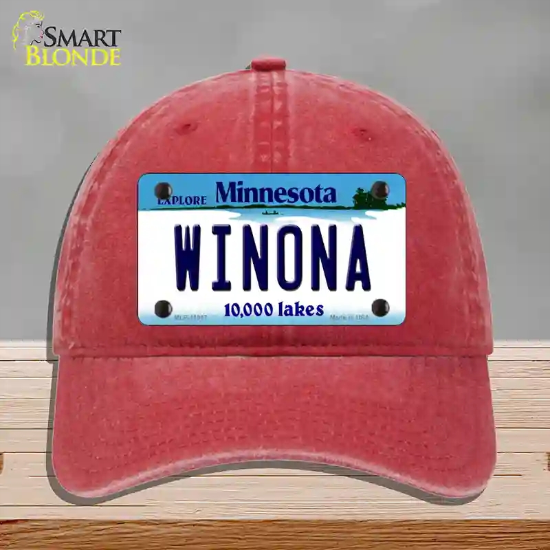 HAT13-MLP-11047 Winona Minnesota State Novelty License Plate Hat, Unconstructed Cotton - Red
