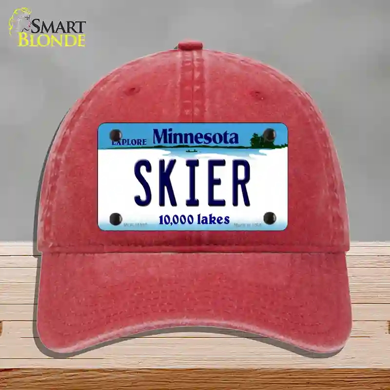 HAT13-MLP-11082 Skier Minnesota State Novelty License Plate Hat, Unconstructed Cotton - Red