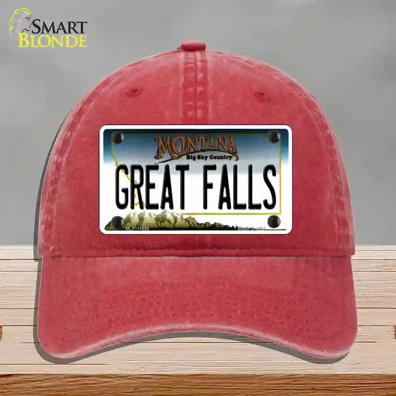 HAT13-MLP-11094 Great Falls Montana State Novelty License Plate Hat, Unconstructed Cotton - Red