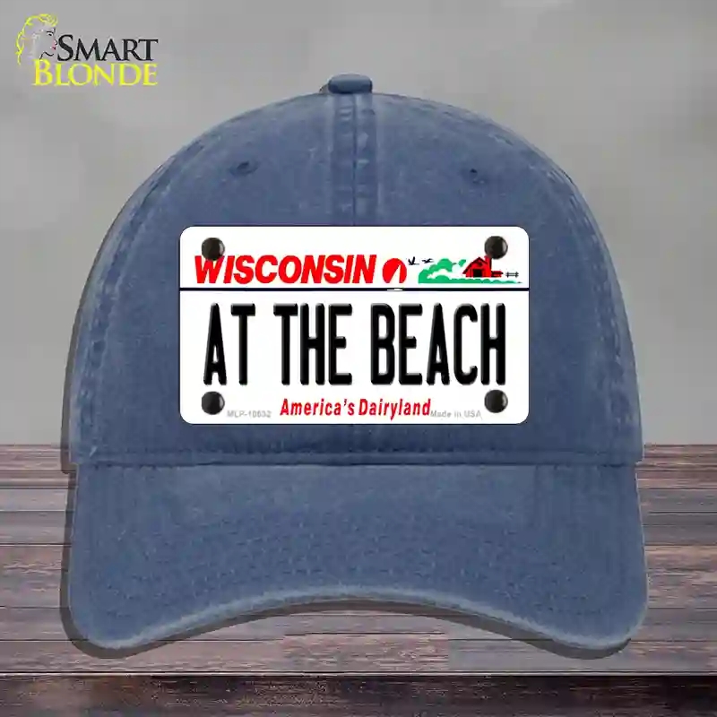 HAT11-MLP-10632 At the Beach Wisconsin Novelty License Plate Hat, Unconstructed Cotton - Navy