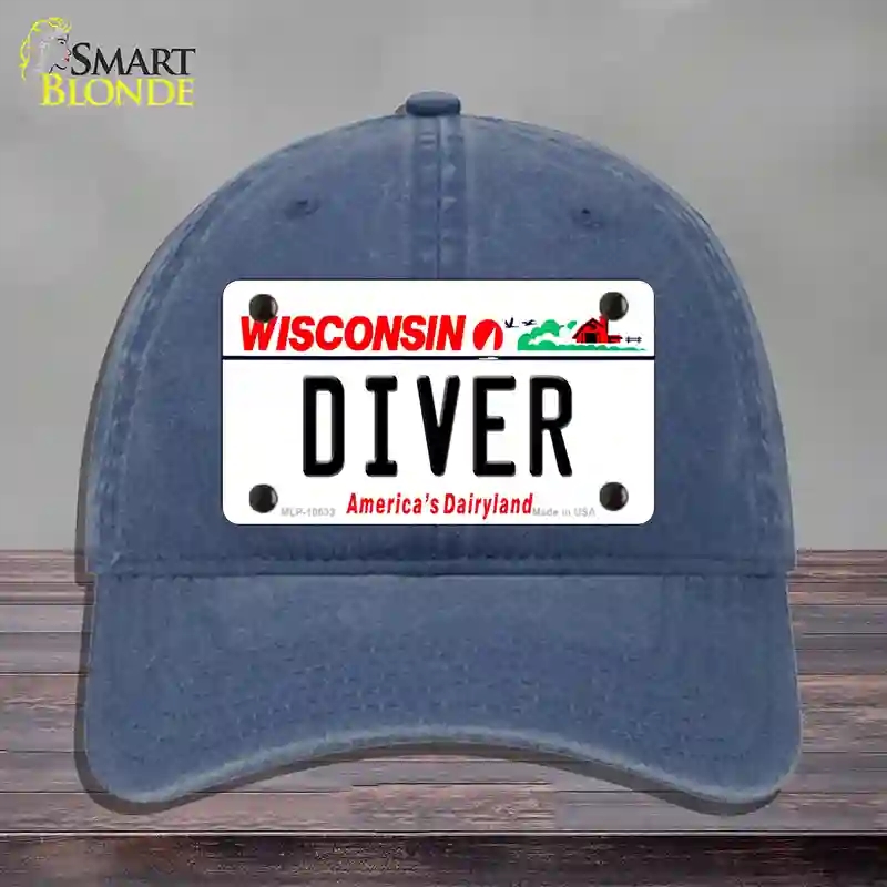 HAT11-MLP-10633 Diver Wisconsin Novelty License Plate Hat, Unconstructed Cotton - Navy