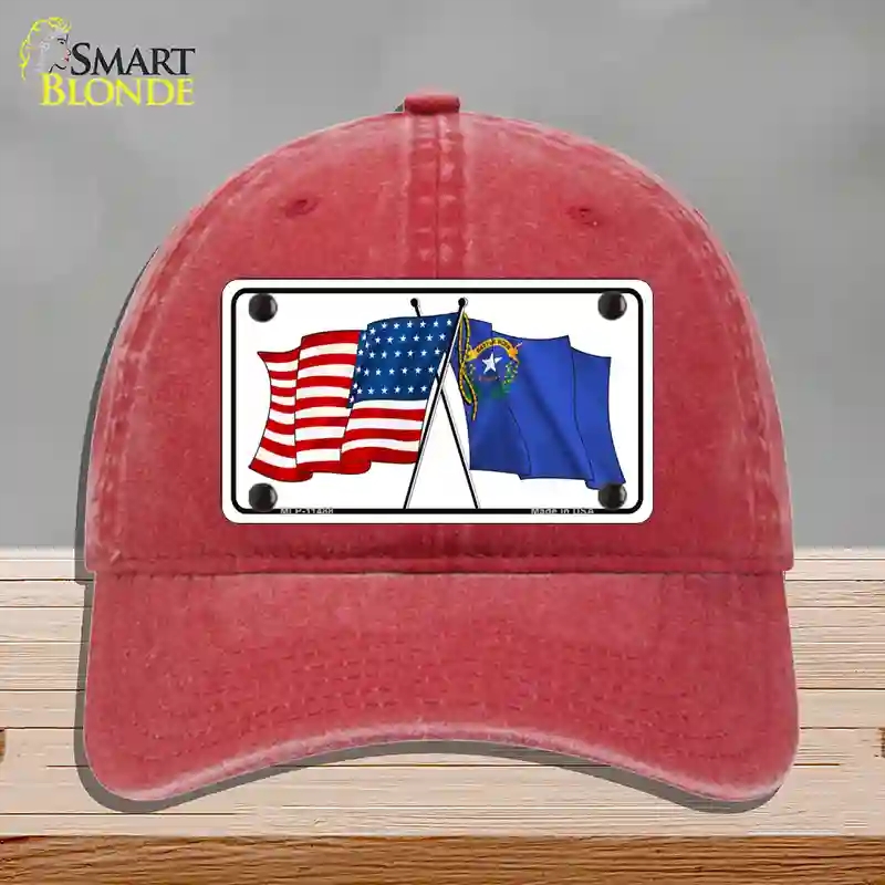 HAT13-MLP-11488 Nevada Crossed US Flag Novelty License Plate Hat, Unconstructed Cotton - Red