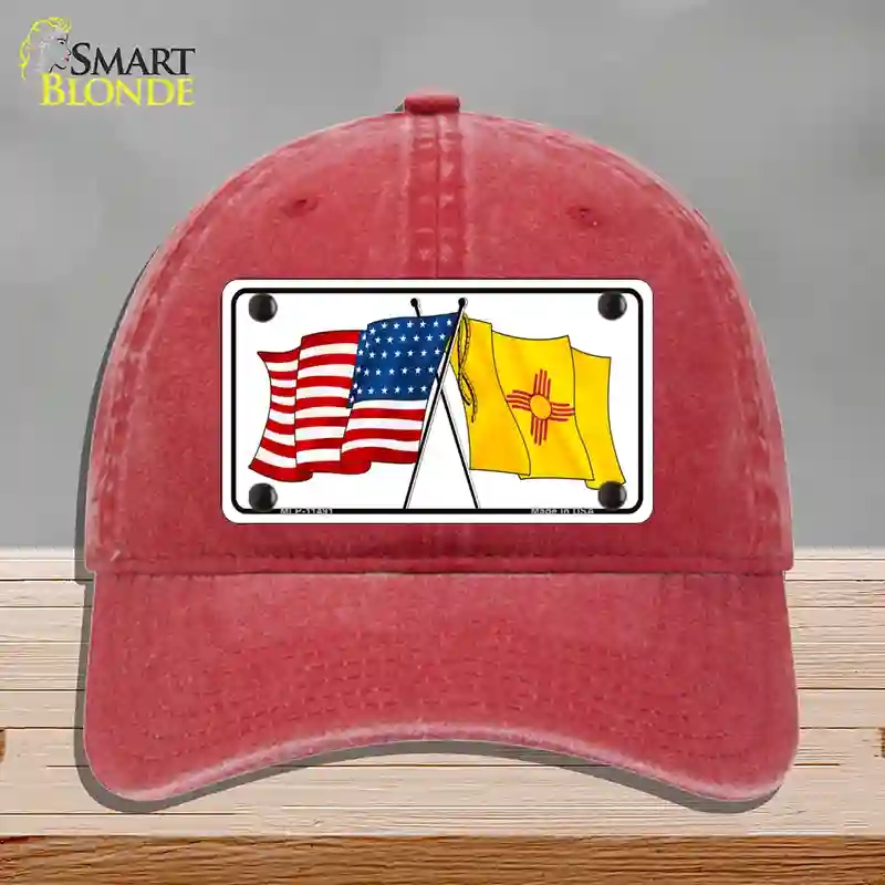 HAT13-MLP-11491   Mexico Crossed US Flag Novelty License Plate Hat, Unconstructed Cotton - Red