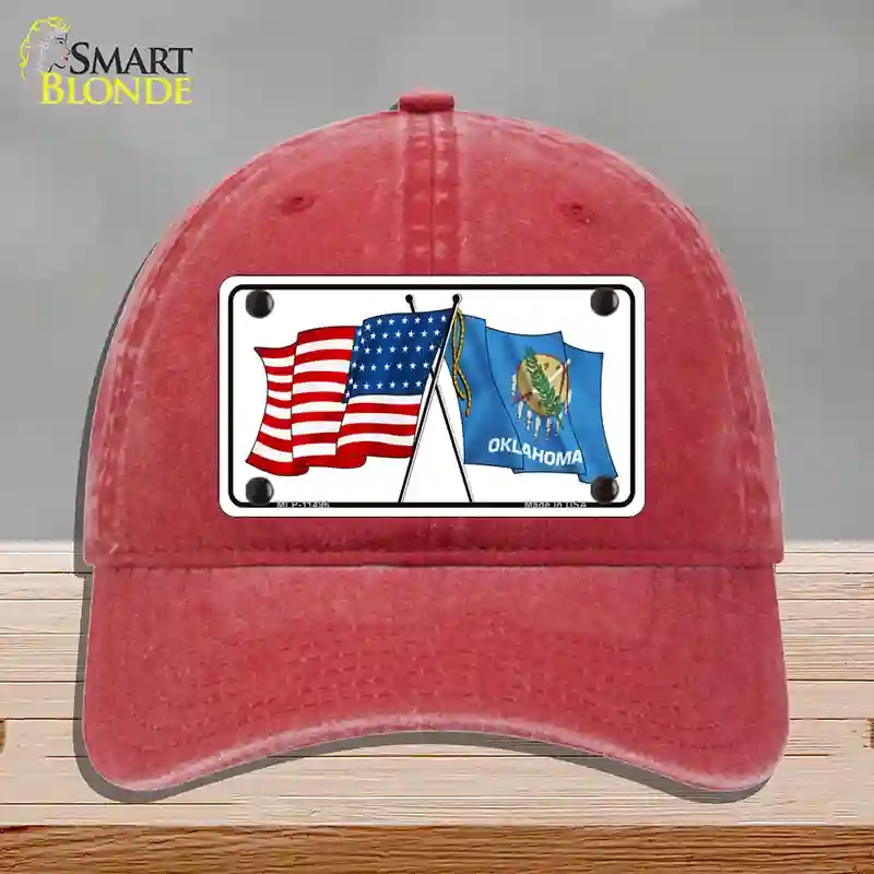 HAT13-MLP-11496 Oklahoma Crossed US Flag Novelty License Plate Hat, Unconstructed Cotton - Red