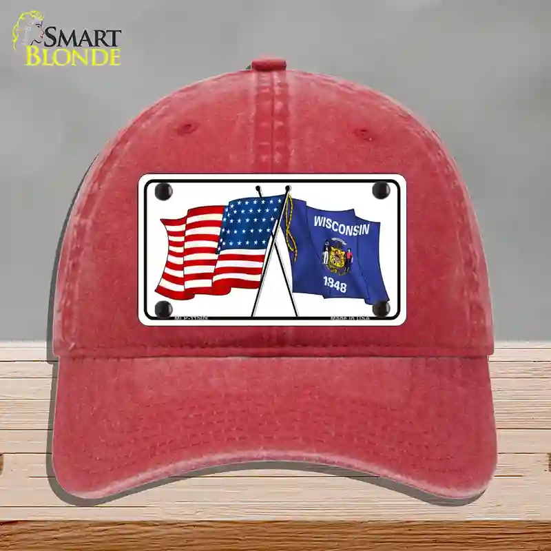 HAT13-MLP-11509 Wisconsin Crossed US Flag Novelty License Plate Hat, Unconstructed Cotton - Red