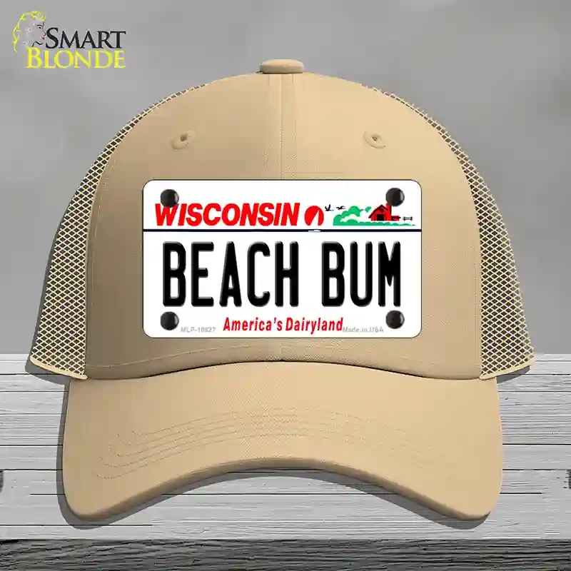 HAT15-MLP-10627 Beach Bum Wisconsin Novelty License Plate Hat, Mesh - Khaki