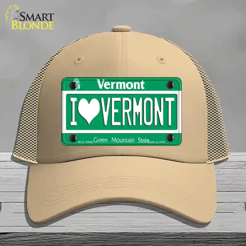 HAT15-MLP-10659 I Love Vermont Novelty License Plate Hat, Mesh - Khaki