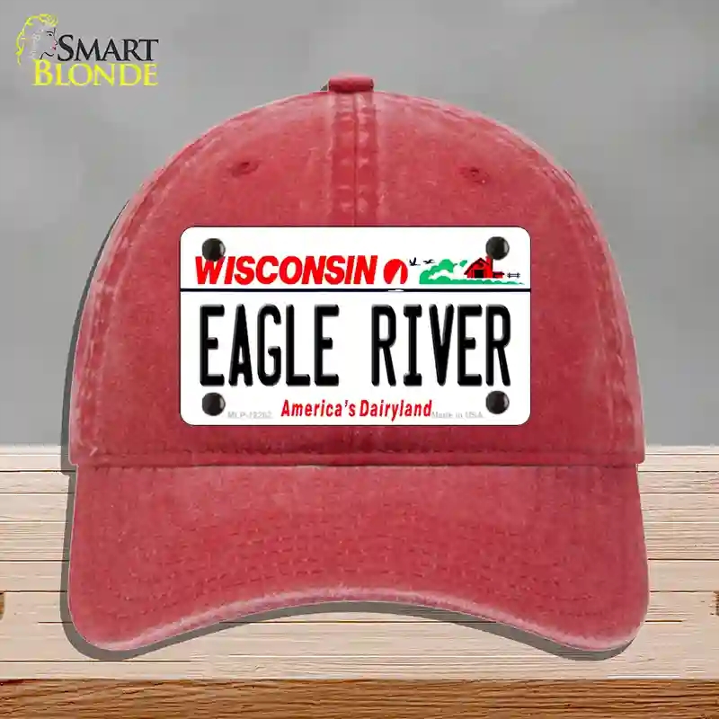 HAT13-MLP-12282 Wisconsin Eagle River Novelty License Plate Hat, Unconstructed Cotton - Red