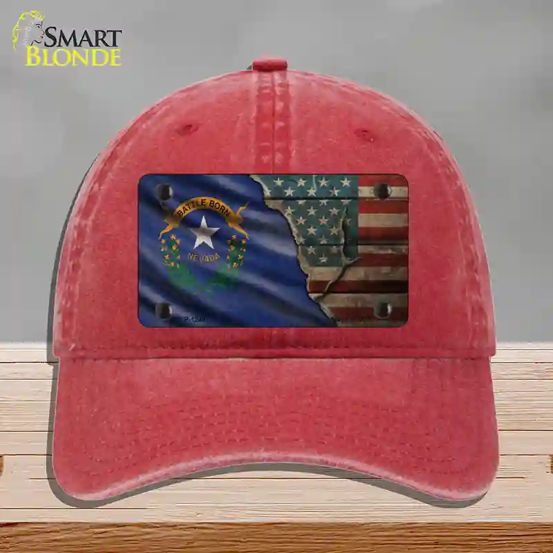 HAT13-MLP-12407 Nevada & American Flag Novelty License Plate Hat, Unconstructed Cotton - Red