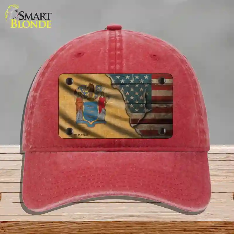 HAT13-MLP-12409   Jersey & American Flag Novelty License Plate Hat, Unconstructed Cotton - Red
