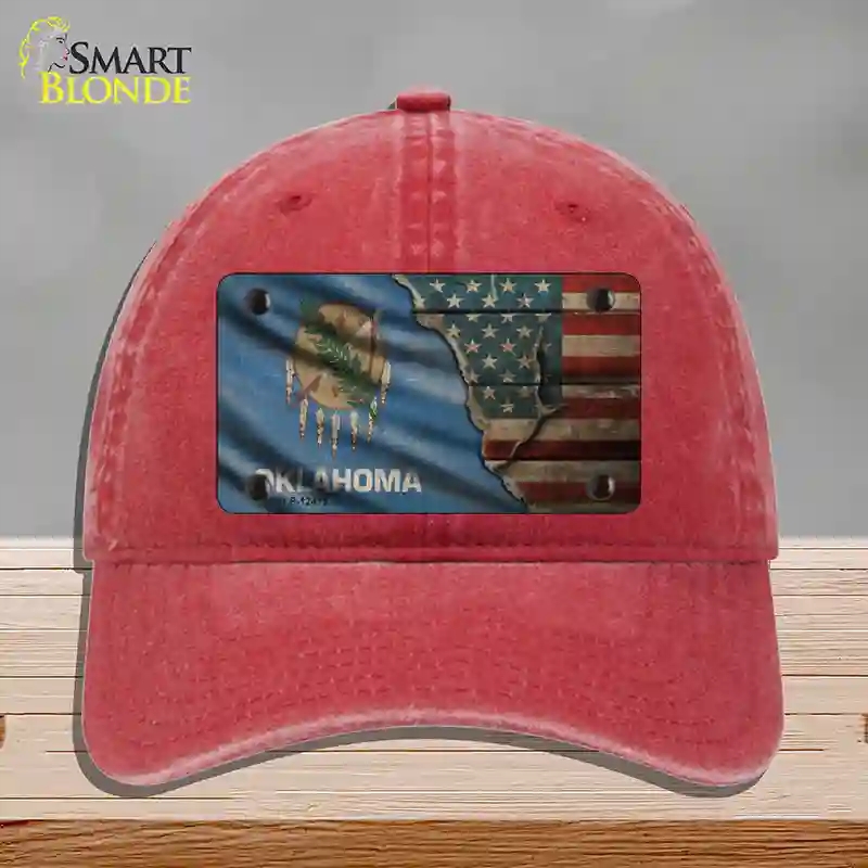 HAT13-MLP-12415 Oklahoma & American Flag Novelty License Plate Hat, Unconstructed Cotton - Red
