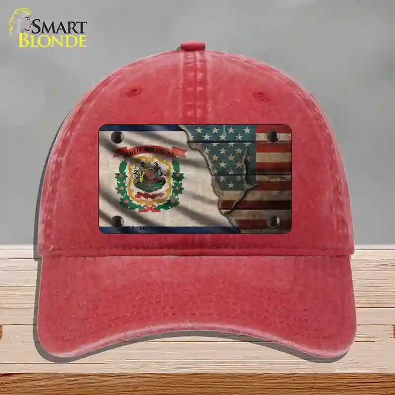 HAT13-MLP-12427 West Virginia & American Flag Novelty License Plate Hat, Unconstructed Cotton - Red