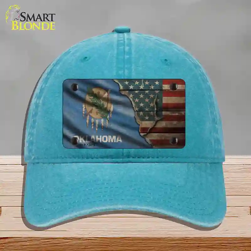 HAT10-MLP-12415 Oklahoma & American Flag Novelty License Plate Hat, Unconstructed Cotton - Lake Blue