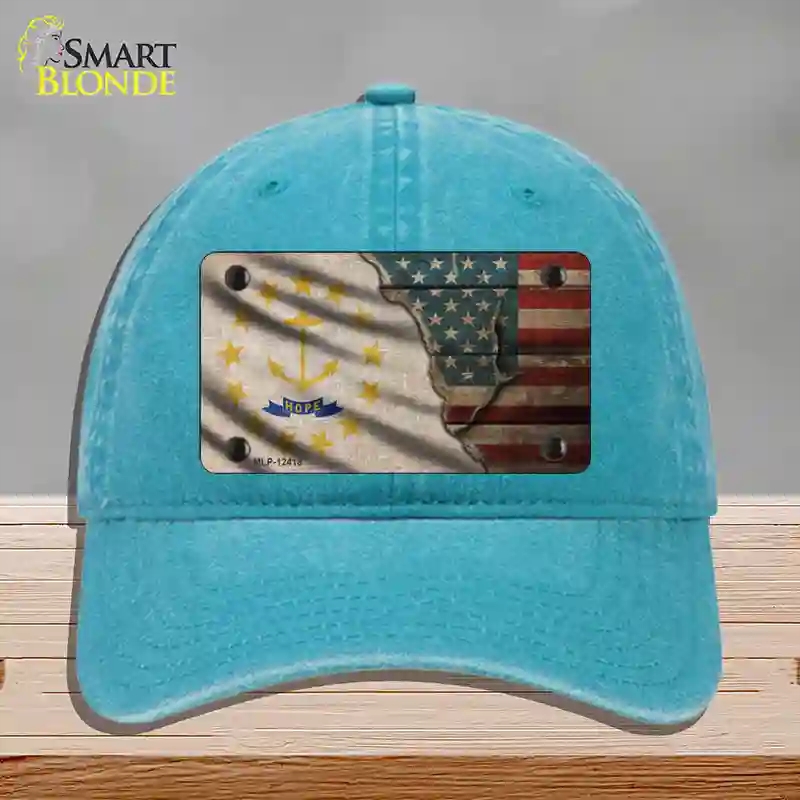 HAT10-MLP-12418 Rhode Island & American Flag Novelty License Plate Hat, Unconstructed Cotton - Lake Blue