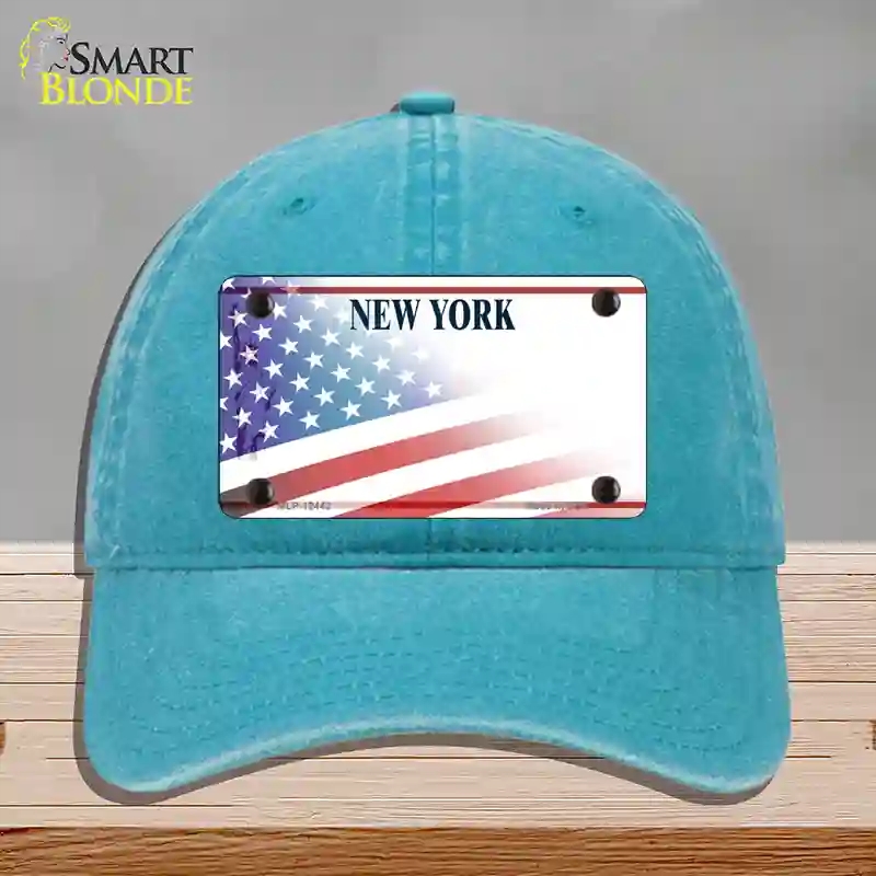 HAT10-MLP-12442   York Liberty American Flag Novelty License Plate Hat, Unconstructed Cotton - Lake Blue