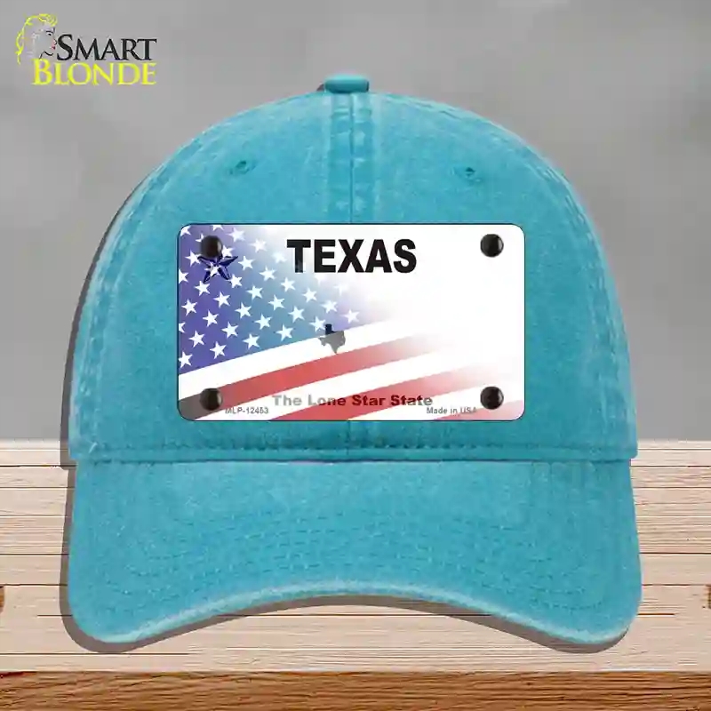 HAT10-MLP-12453 Texas White with American Flag Novelty License Plate Hat, Unconstructed Cotton - Lake Blue