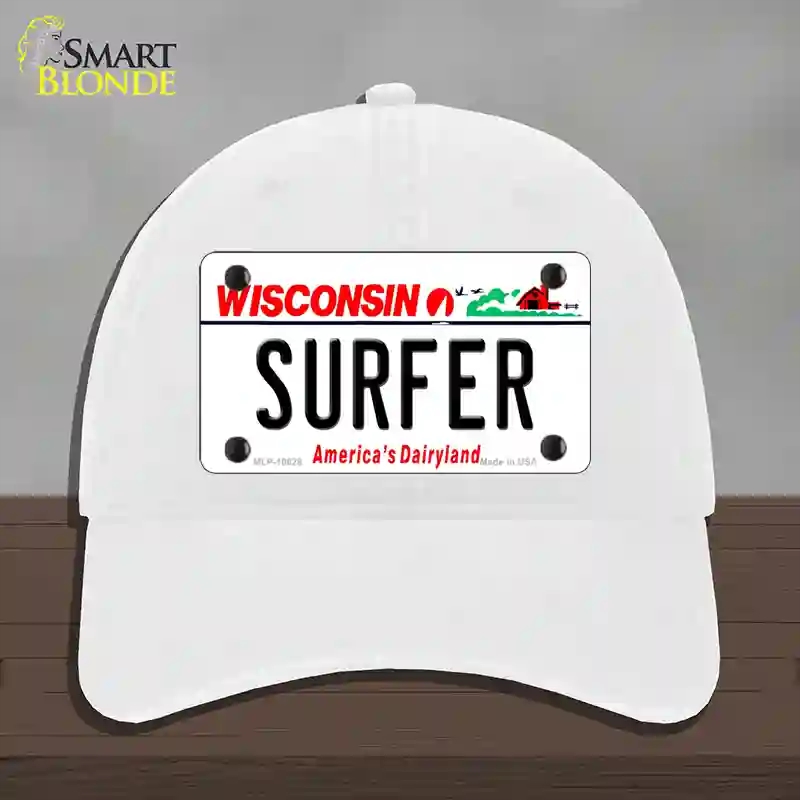 HAT14-MLP-10628 Surfer Wisconsin Novelty License Plate Hat, Unconstructed Cotton - White