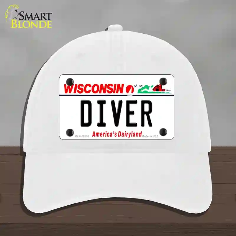 HAT14-MLP-10633 Diver Wisconsin Novelty License Plate Hat, Unconstructed Cotton - White