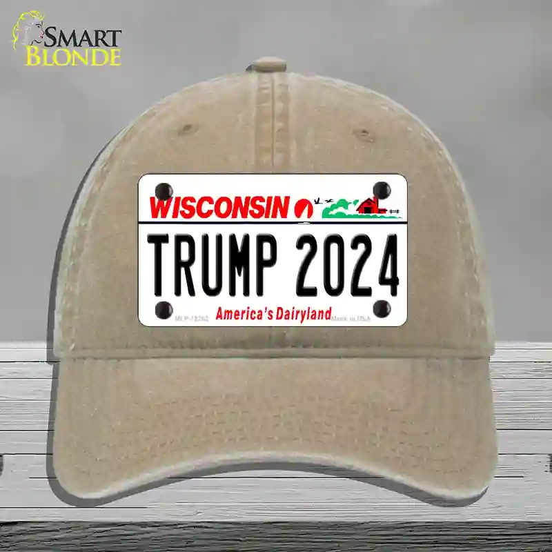 HAT09-MLP-12262 Trump 2024 Wisconsin Novelty License Plate Hat, Unconstructed Cotton - Khaki