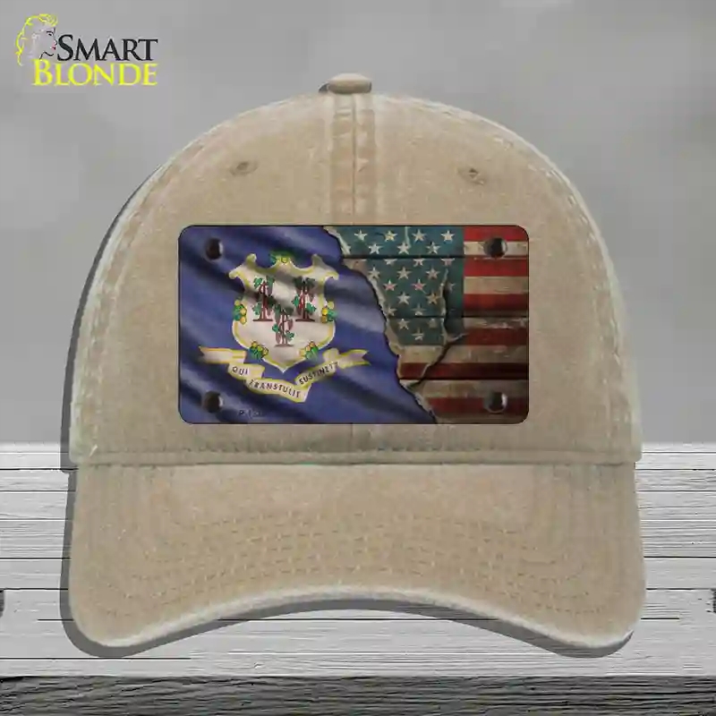 HAT09-MLP-12386 Connecticut & American Flag Novelty License Plate Hat, Unconstructed Cotton - Khaki