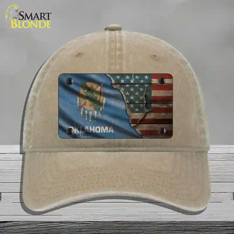HAT09-MLP-12415 Oklahoma & American Flag Novelty License Plate Hat, Unconstructed Cotton - Khaki