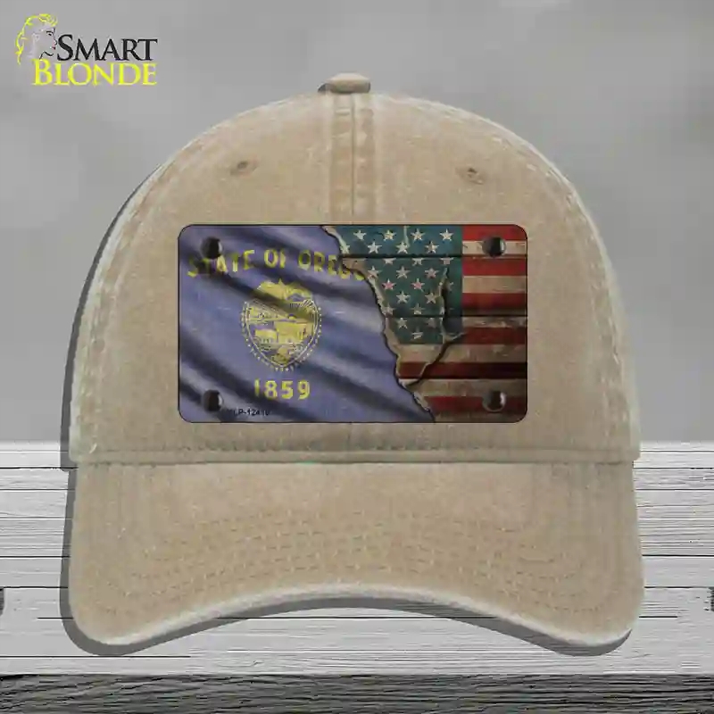 HAT09-MLP-12416 Oregon & American Flag Novelty License Plate Hat, Unconstructed Cotton - Khaki