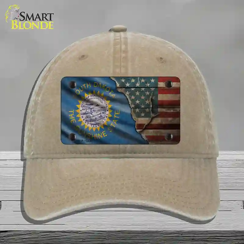 HAT09-MLP-12420 South Dakota & American Flag Novelty License Plate Hat, Unconstructed Cotton - Khaki