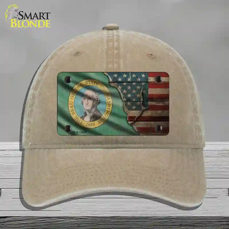 HAT09-MLP-12426 Washington & American Flag Novelty License Plate Hat, Unconstructed Cotton - Khaki