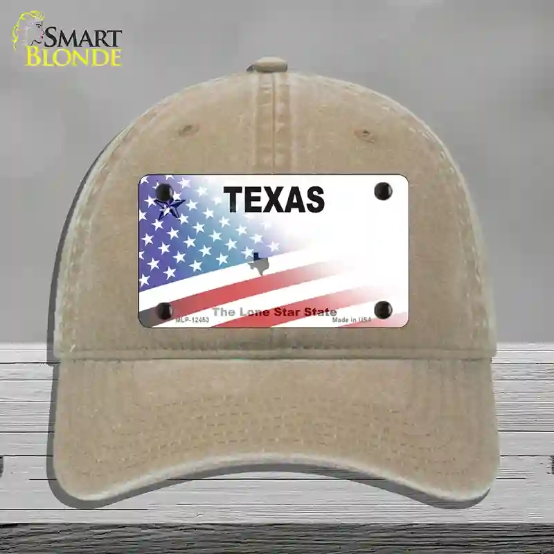 HAT09-MLP-12453 Texas White with American Flag Novelty License Plate Hat, Unconstructed Cotton - Khaki