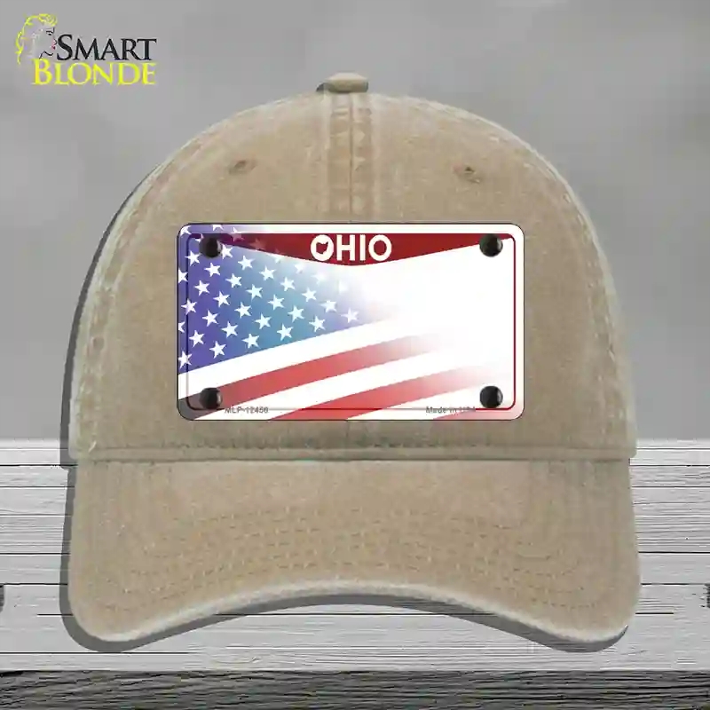 HAT09-MLP-12456 Ohio State American Flag Novelty License Plate Hat, Unconstructed Cotton - Khaki