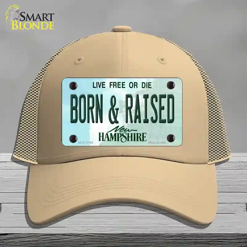 HAT15-MLP-11169 Born & Raised   Hampshire State Novelty License Plate Hat, Mesh - Khaki
