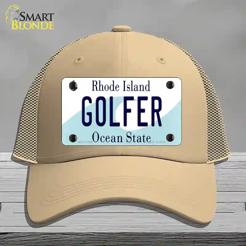 HAT15-MLP-11216 Golfer Rhode Island State Novelty License Plate Hat, Mesh - Khaki
