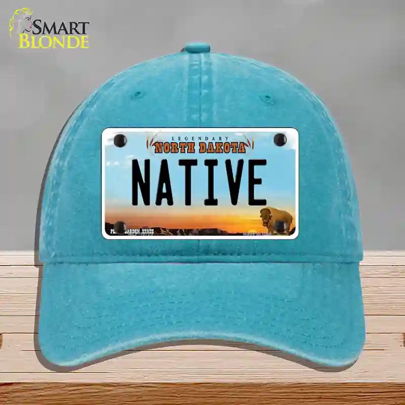 HAT10-MLP-10725 Native North Dakota Novelty License Plate Hat, Unconstructed Cotton - Lake Blue
