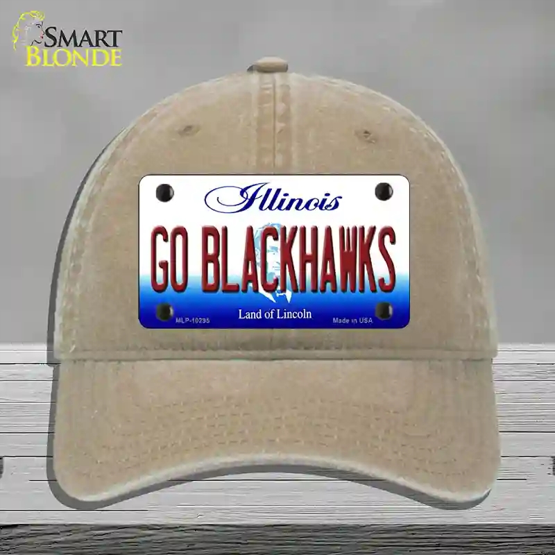 HAT09-MLP-10295 Go Blackhawks Illinois Novelty License Plate Hat, Unconstructed Cotton - Khaki