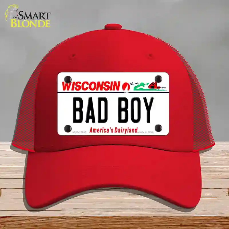 HAT17-MLP-10652 Bad Boy Wisconsin Novelty License Plate Hat, Mesh - Red
