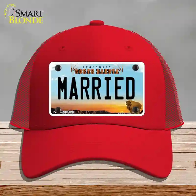 HAT17-MLP-10740 Married North Dakota Novelty License Plate Hat, Mesh - Red