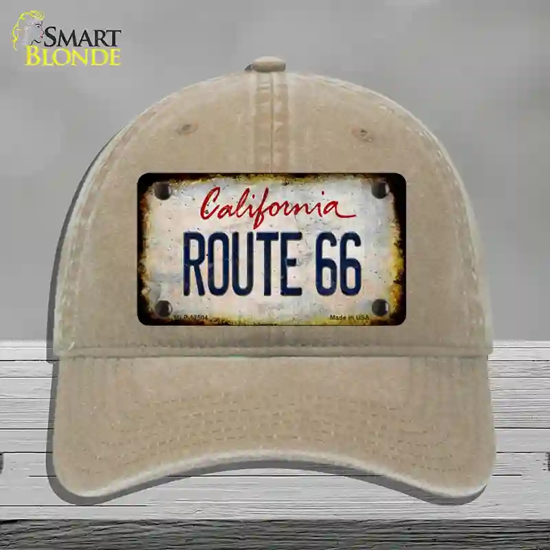 HAT09-MLP-12504 Route 66 California Rusty Novelty License Plate Hat, Unconstructed Cotton - Khaki