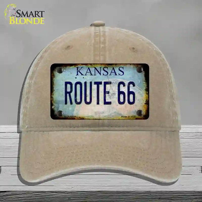 HAT09-MLP-12506 Route 66 Kansas Rusty Novelty License Plate Hat, Unconstructed Cotton - Khaki