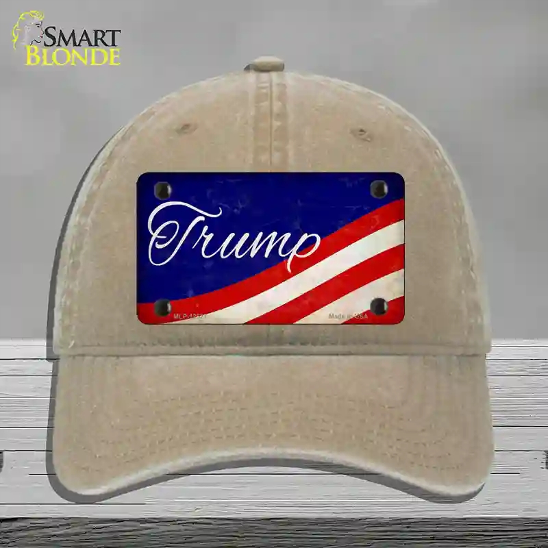 HAT09-MLP-12527 Trump on Waving Flag Novelty License Plate Hat, Unconstructed Cotton - Khaki