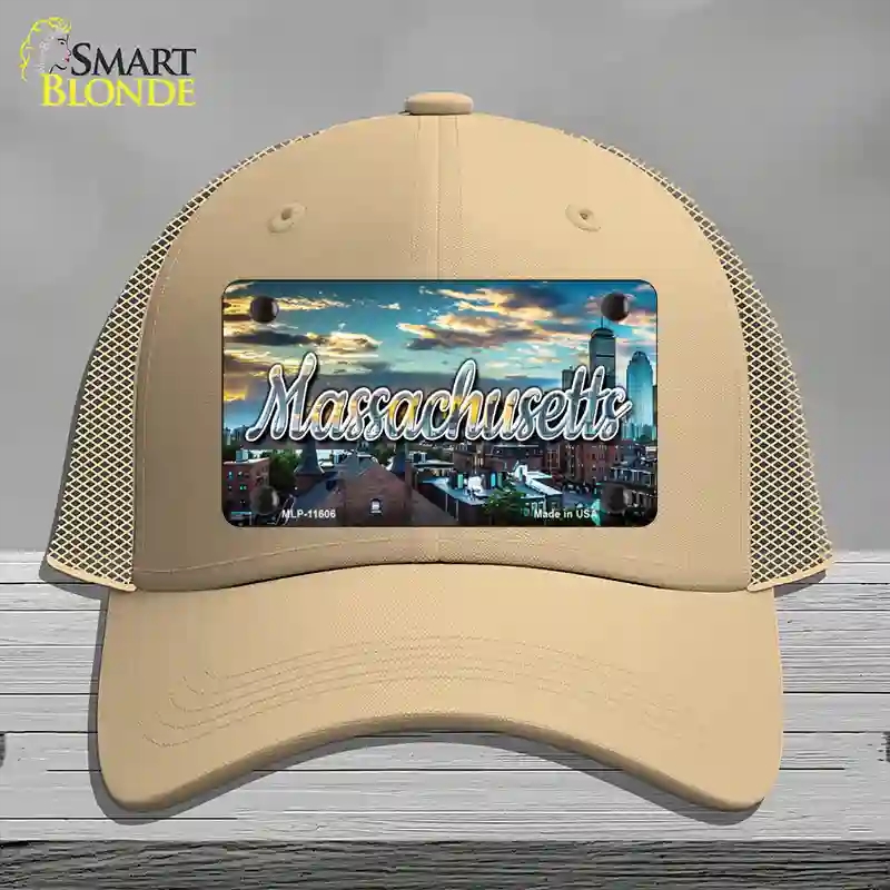 HAT15-MLP-11606 Massachusetts Sunset Skyline State Novelty License Plate Hat, Mesh - Khaki