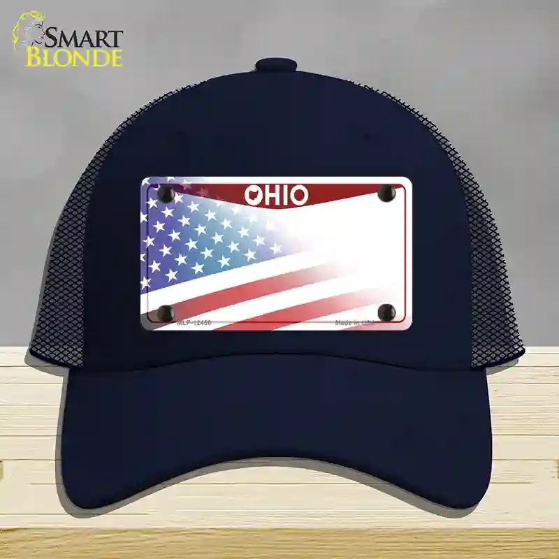 HAT16-MLP-12456 Ohio State American Flag Novelty License Plate Hat, Mesh - Navy