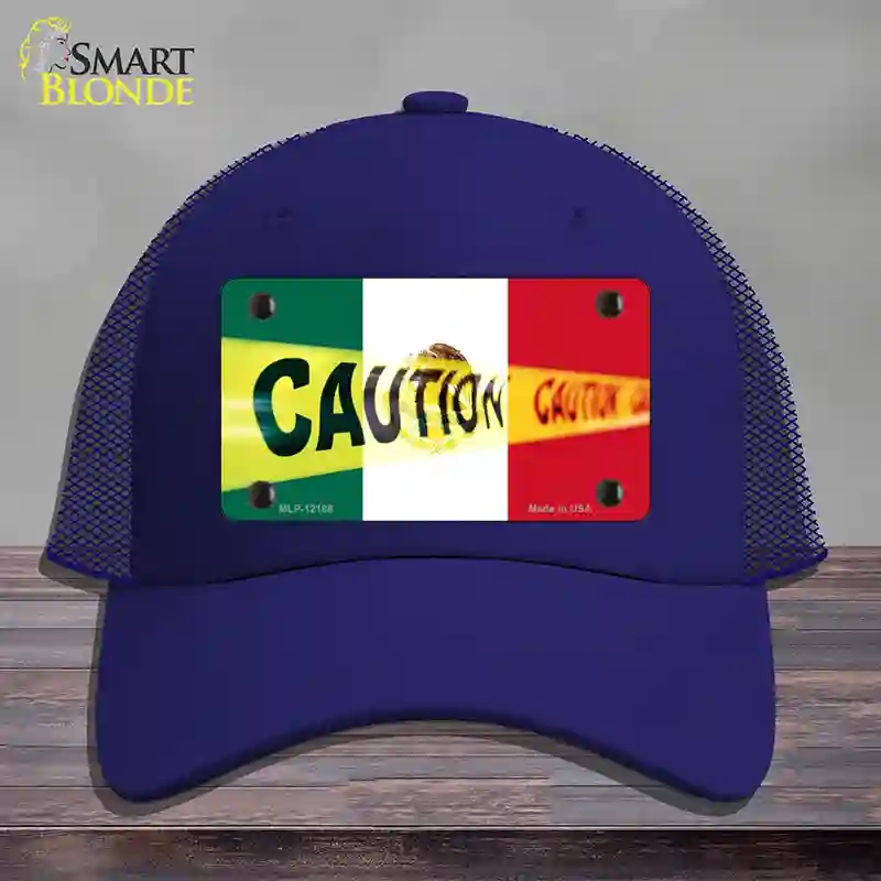 HAT18-MLP-12188 Caution Mexico Flag Novelty License Plate Hat, Mesh - Royal Blue